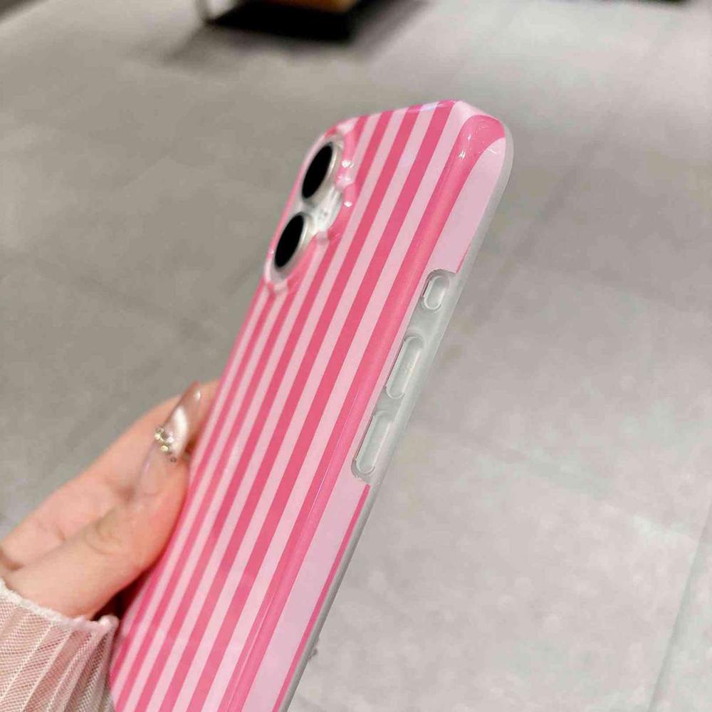 For iPhone 16 Full Coverage IMD Printed Vertical Stripes TPU Phone Case - Pink - EDA009871309A