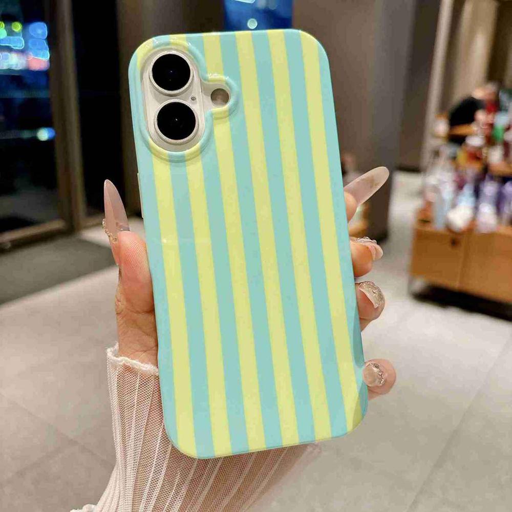 For iPhone 16 Full Coverage IMD Printed Vertical Stripes TPU Phone Case - Yellow Green - EDA009871309D