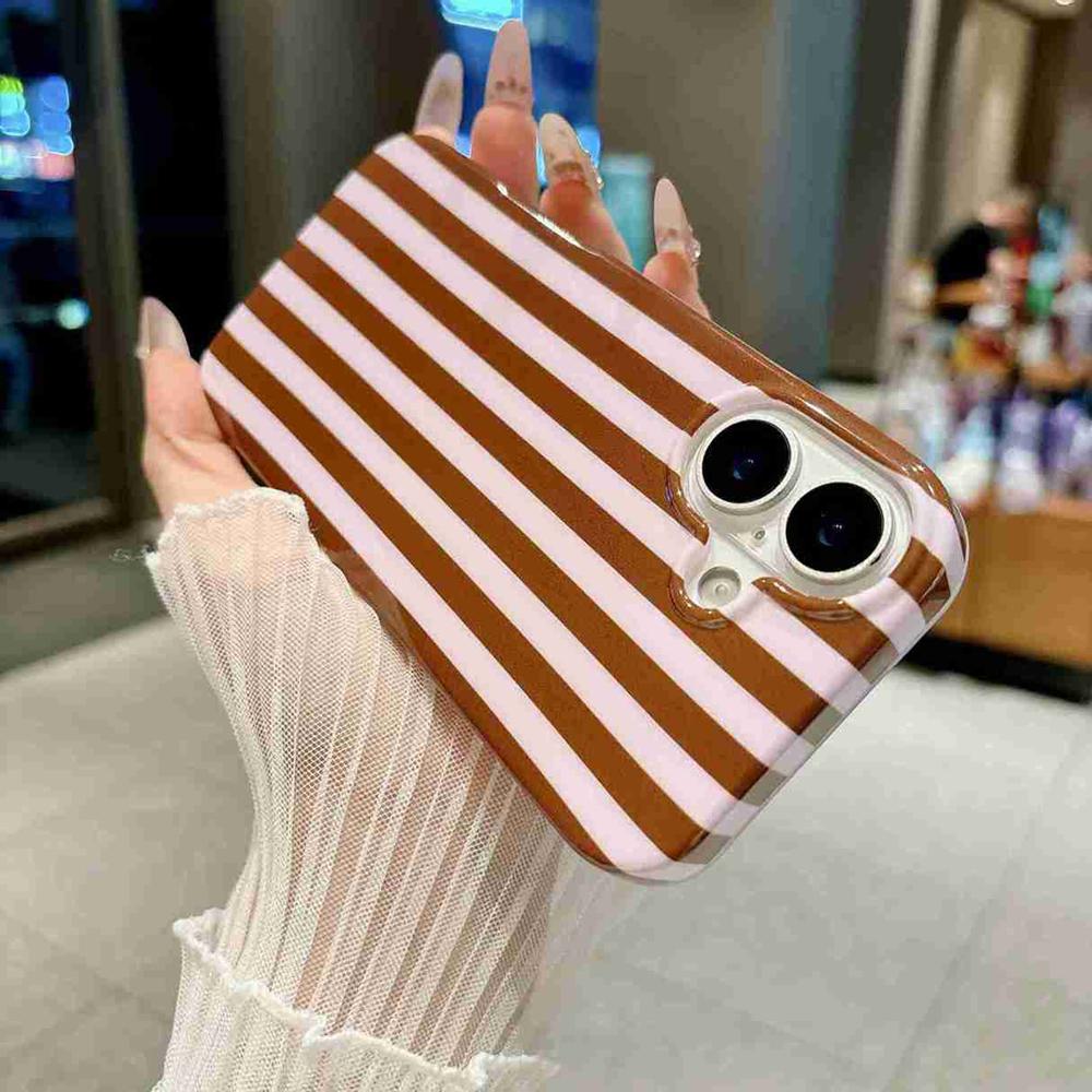For iPhone 16 Full Coverage IMD Printed Vertical Stripes TPU Phone Case - Coffee - EDA009871309E