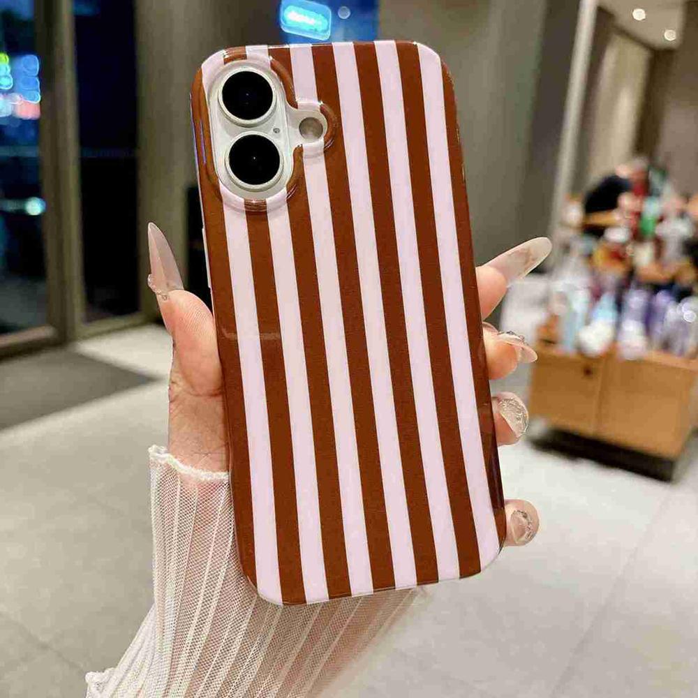 For iPhone 16 Full Coverage IMD Printed Vertical Stripes TPU Phone Case - Coffee - EDA009871309E