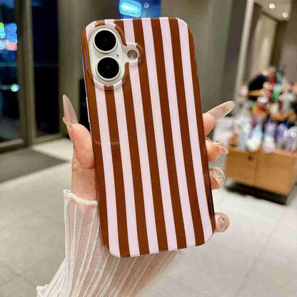 For iPhone 16 Full Coverage IMD Printed Vertical Stripes TPU Phone Case - Coffee - EDA009871309E