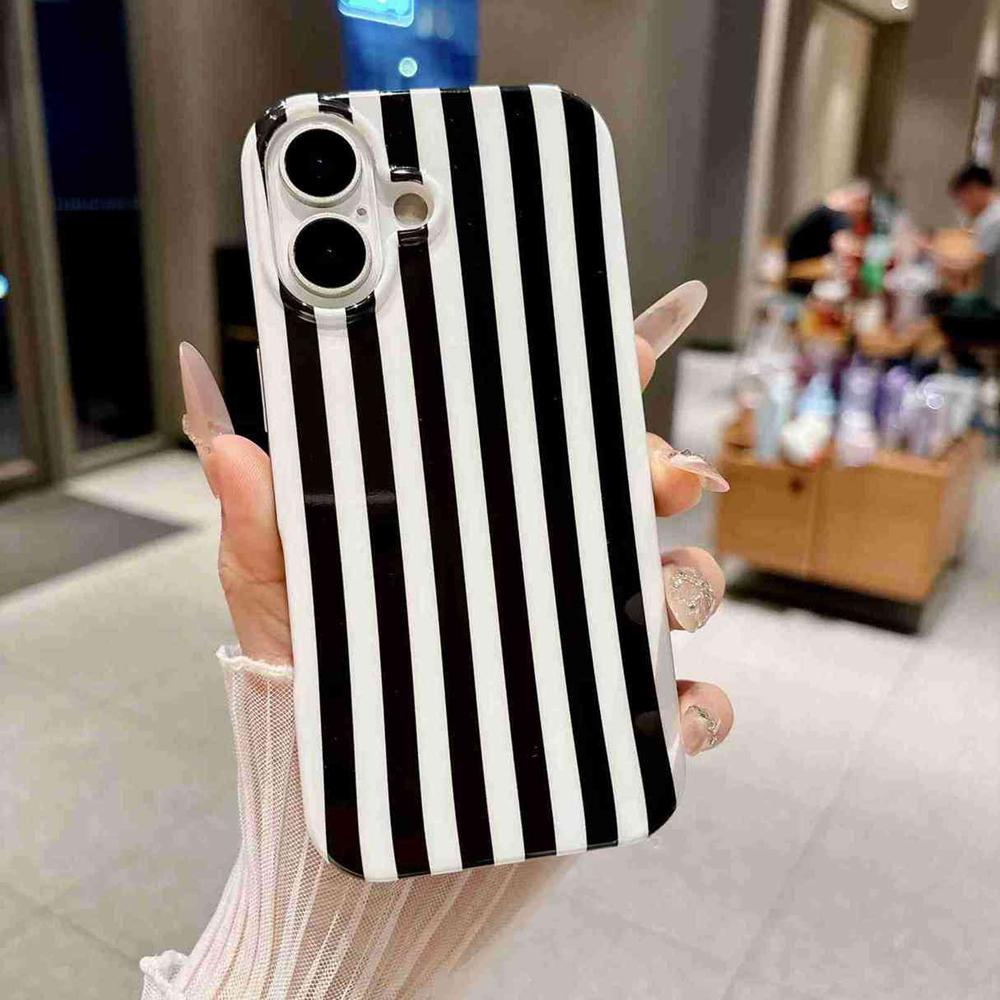 For iPhone 16 Full Coverage IMD Printed Vertical Stripes TPU Phone Case - Black - EDA009871309F