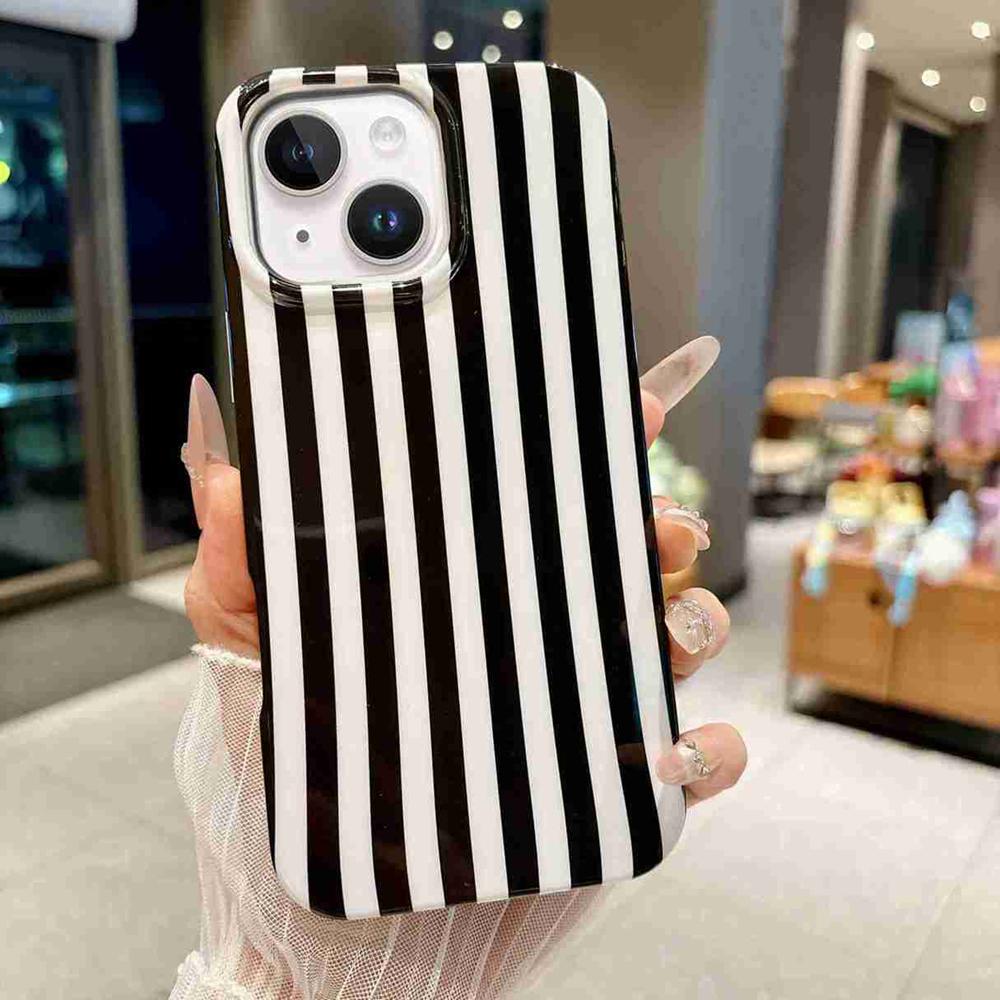 For iPhone 14 / 13 Full Coverage IMD Printed Vertical Stripes TPU Phone Case - Black - EDA009871317F