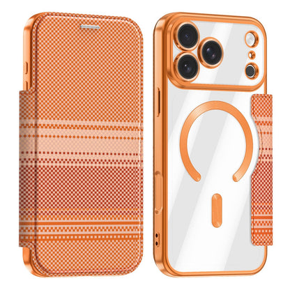 For iPhone 17 Pro Max Color-plaid Shield Magnetic RFID Vegan Leather Phone Case - Orange - EDA009873701A