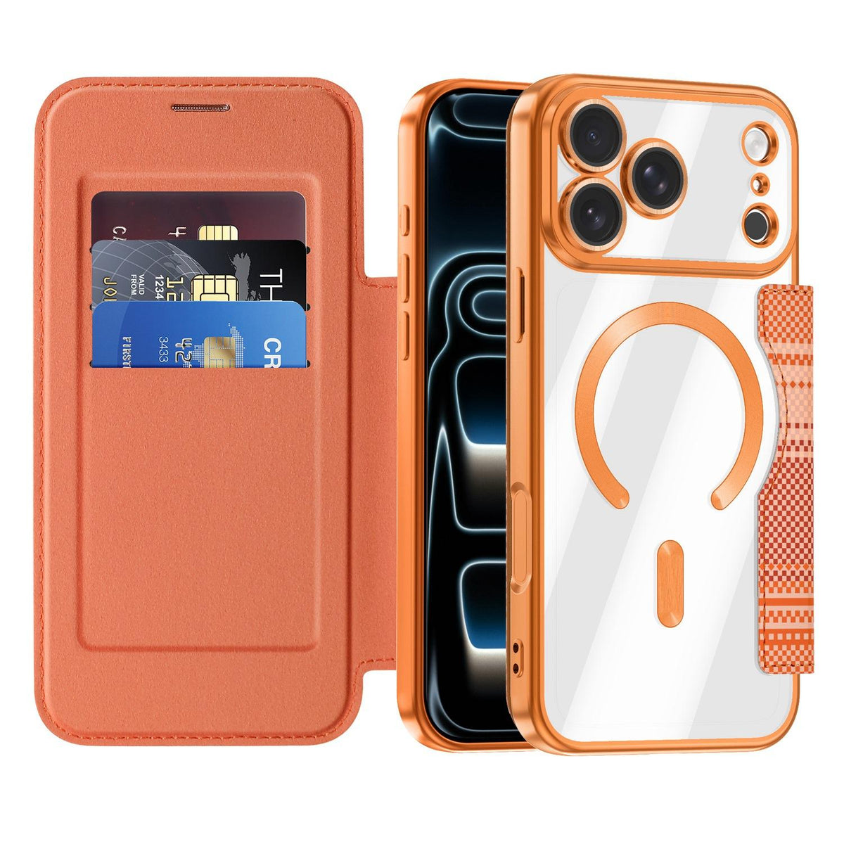 For iPhone 17 Pro Max Color-plaid Shield Magnetic RFID Vegan Leather Phone Case - Orange - EDA009873701A