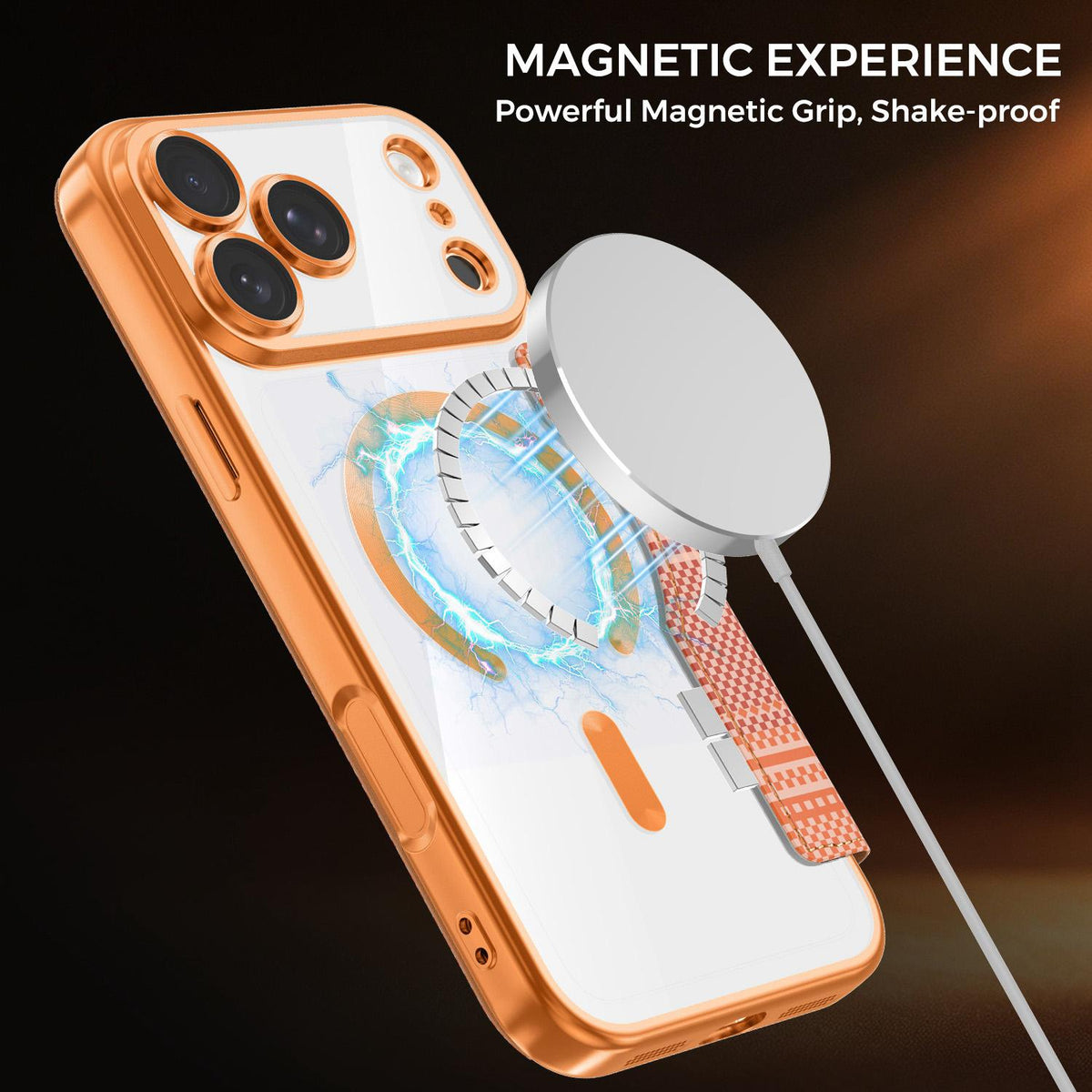 For iPhone 17 Pro Max Color-plaid Shield Magnetic RFID Vegan Leather Phone Case - Orange - EDA009873701A