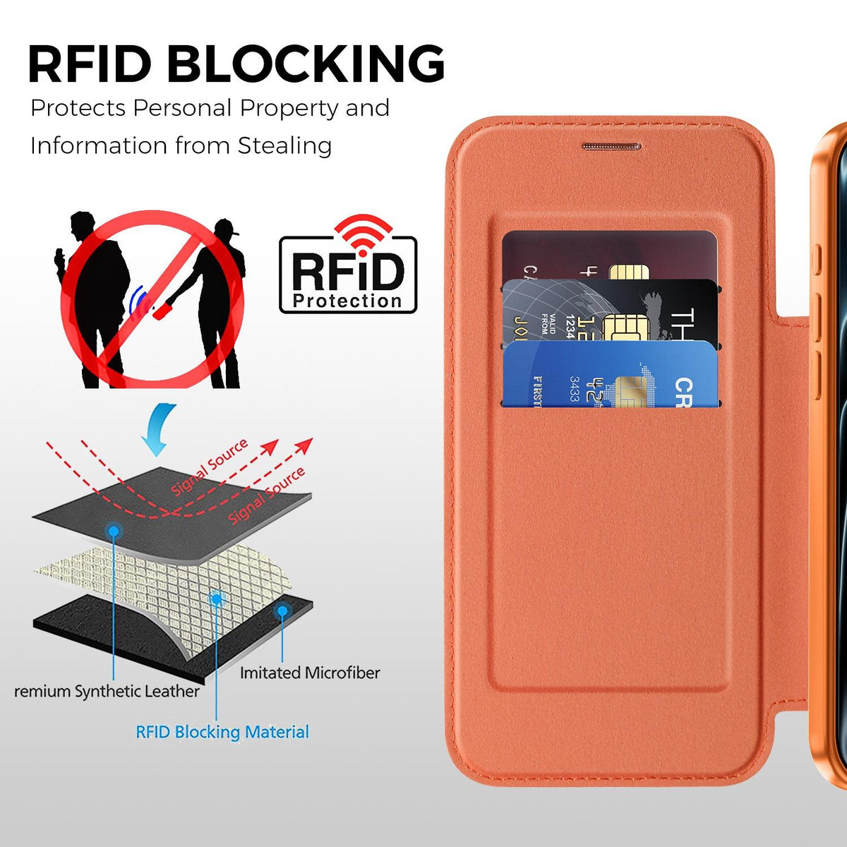 For iPhone 17 Pro Max Color-plaid Shield Magnetic RFID Vegan Leather Phone Case - Orange - EDA009873701A