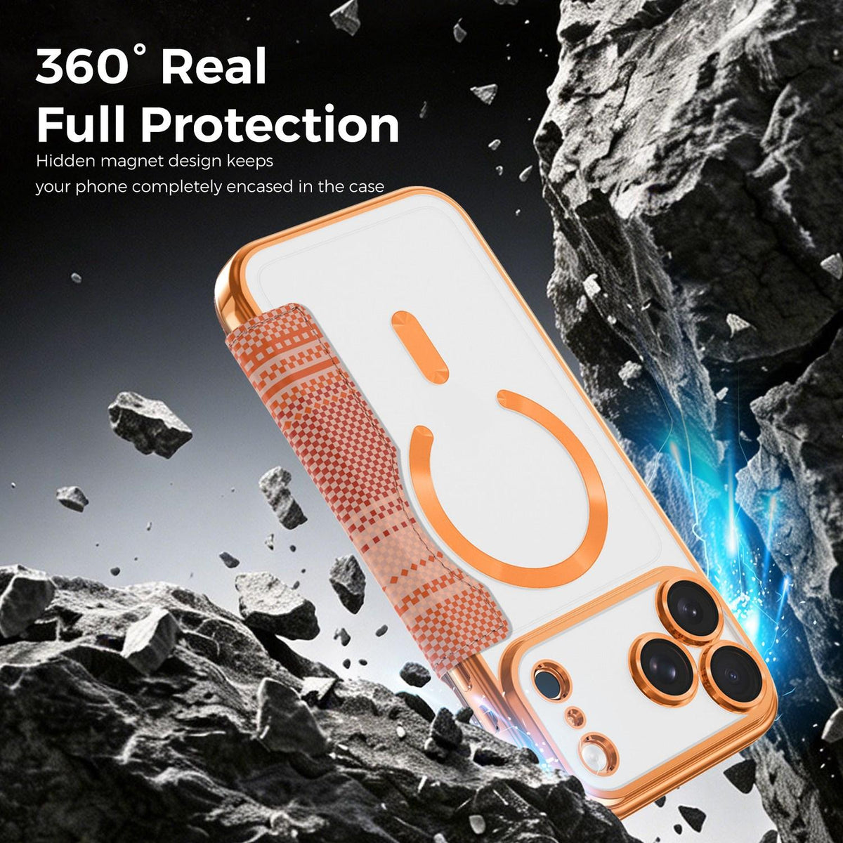 For iPhone 17 Pro Max Color-plaid Shield Magnetic RFID Vegan Leather Phone Case - Orange - EDA009873701A