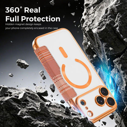 For iPhone 17 Pro Max Color-plaid Shield Magnetic RFID Vegan Leather Phone Case - Orange - EDA009873701A