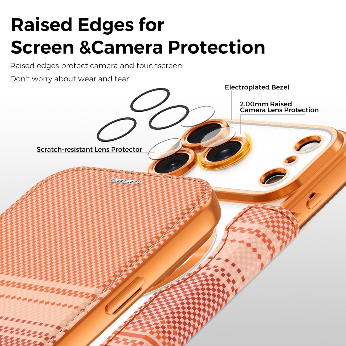 For iPhone 17 Pro Max Color-plaid Shield Magnetic RFID Vegan Leather Phone Case - Orange - EDA009873701A