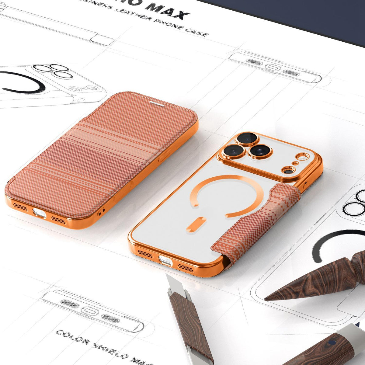For iPhone 17 Pro Max Color-plaid Shield Magnetic RFID Vegan Leather Phone Case - Orange - EDA009873701A