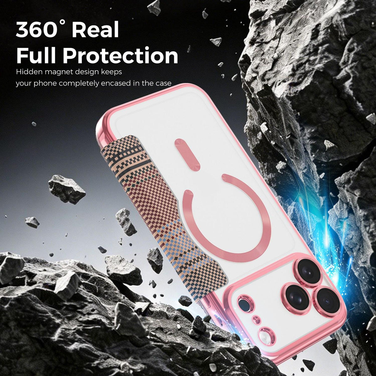 For iPhone 17 Pro Max Color-plaid Shield Magnetic RFID Vegan Leather Phone Case - Pink - EDA009873701B