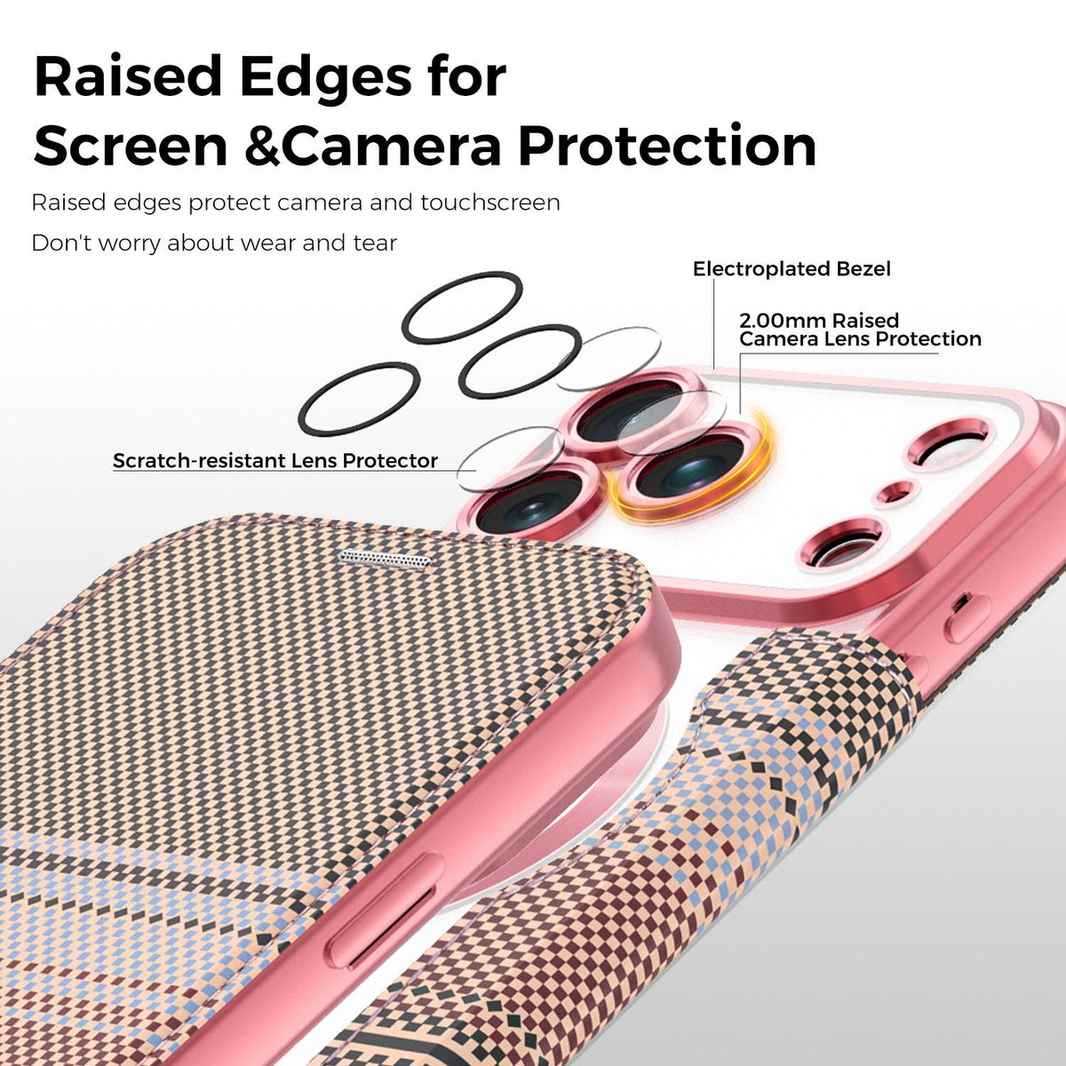 For iPhone 17 Pro Max Color-plaid Shield Magnetic RFID Vegan Leather Phone Case - Pink - EDA009873701B