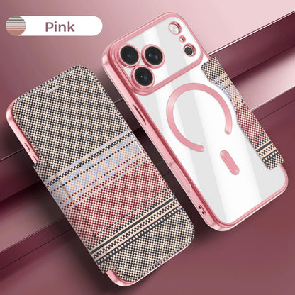 For iPhone 17 Pro Max Color-plaid Shield Magnetic RFID Vegan Leather Phone Case - Pink - EDA009873701B