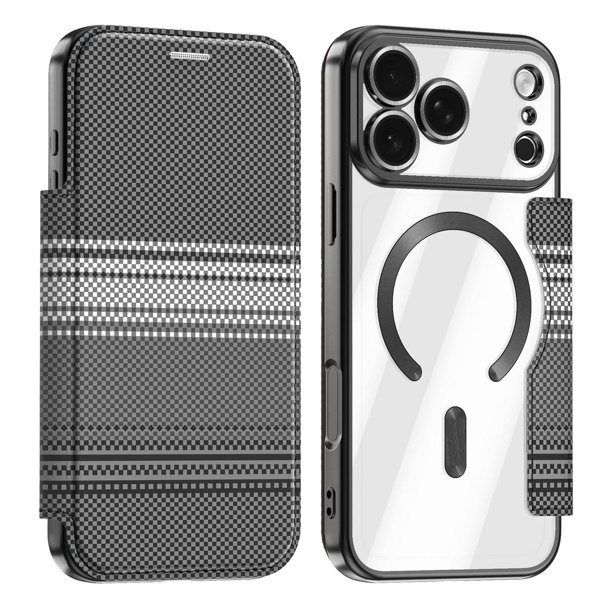 For iPhone 17 Pro Max Color-plaid Shield Magnetic RFID Vegan Leather Phone Case - Black - EDA009873701C