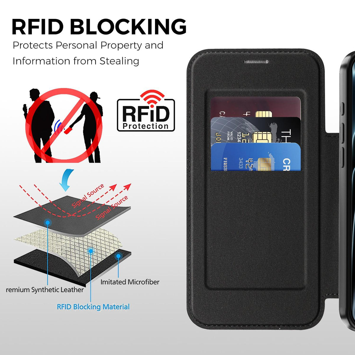 For iPhone 17 Pro Max Color-plaid Shield Magnetic RFID Vegan Leather Phone Case - Black - EDA009873701C