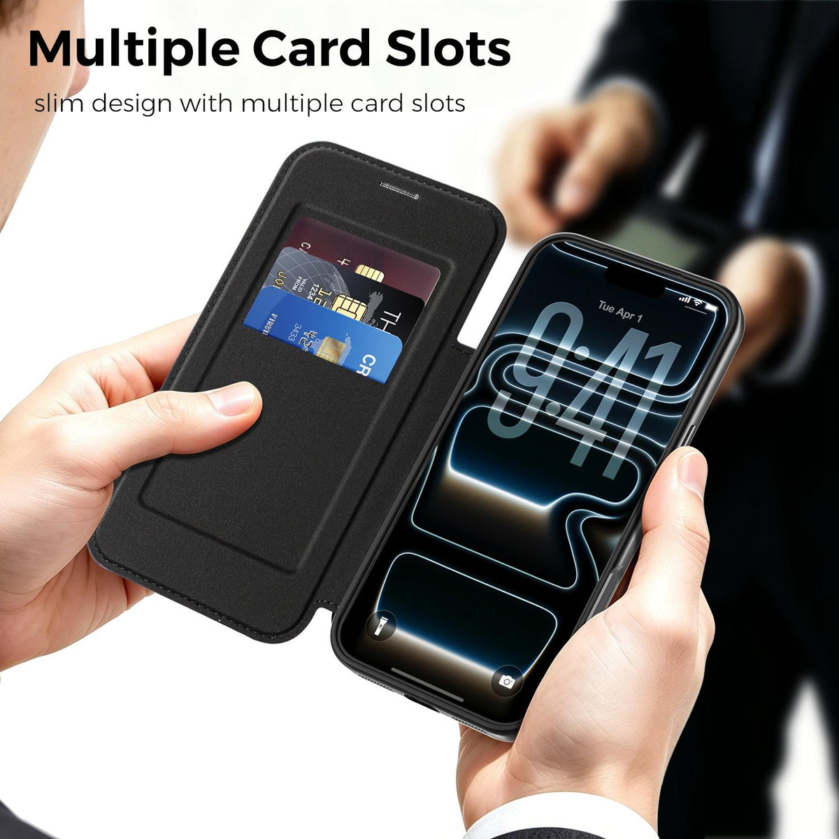 For iPhone 17 Pro Max Color-plaid Shield Magnetic RFID Vegan Leather Phone Case - Black - EDA009873701C