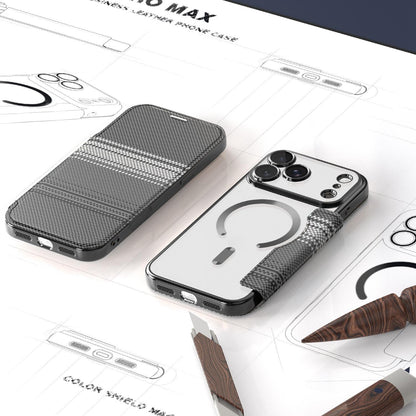 For iPhone 17 Pro Max Color-plaid Shield Magnetic RFID Vegan Leather Phone Case - Black - EDA009873701C