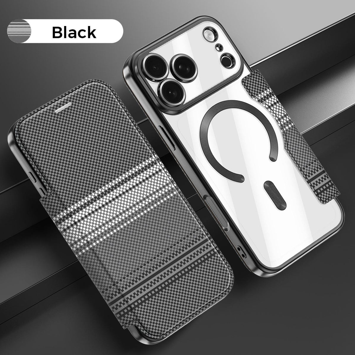 For iPhone 17 Pro Max Color-plaid Shield Magnetic RFID Vegan Leather Phone Case - Black - EDA009873701C