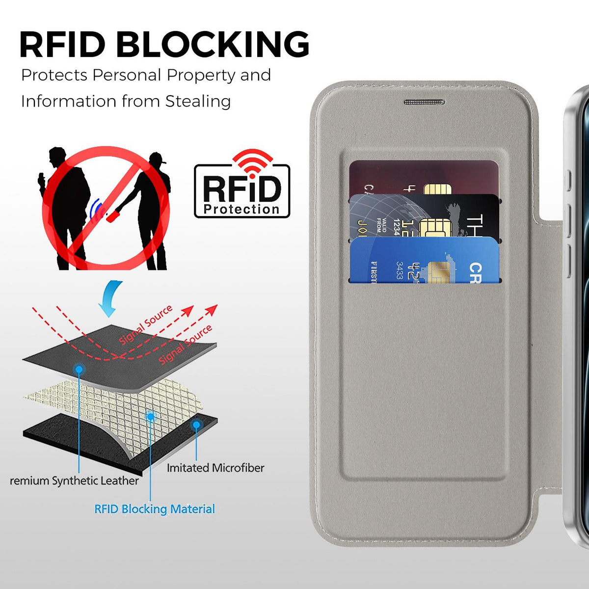 For iPhone 17 Pro Max Color-plaid Shield Magnetic RFID Vegan Leather Phone Case - Grey - EDA009873701D