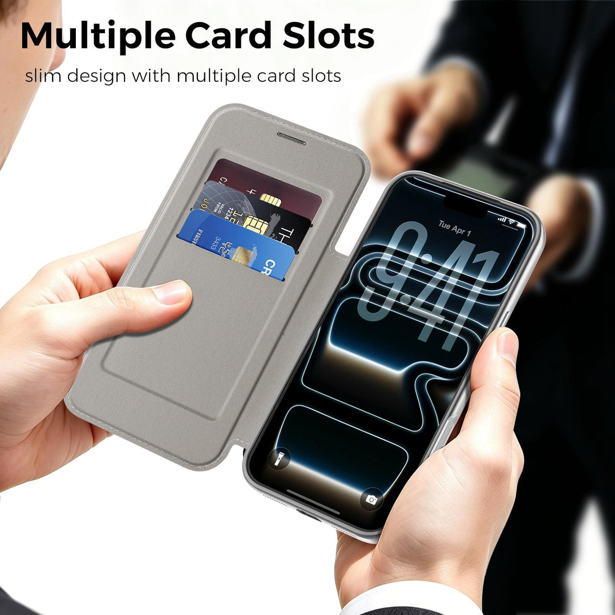 For iPhone 17 Pro Max Color-plaid Shield Magnetic RFID Vegan Leather Phone Case - Grey - EDA009873701D