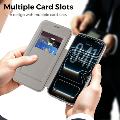 For iPhone 17 Pro Max Color-plaid Shield Magnetic RFID Vegan Leather Phone Case - Grey - EDA009873701D