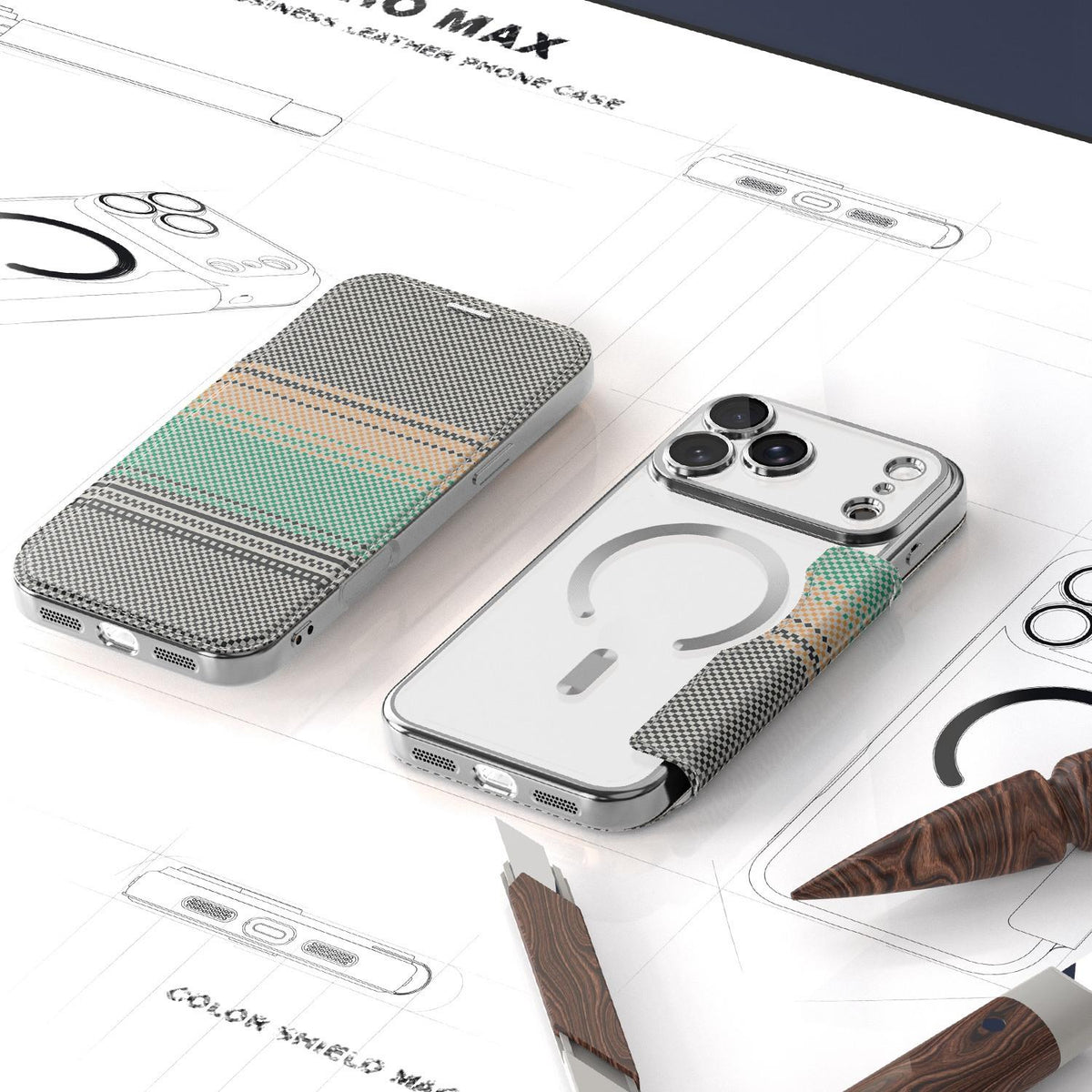 For iPhone 17 Pro Max Color-plaid Shield Magnetic RFID Vegan Leather Phone Case - Grey - EDA009873701D