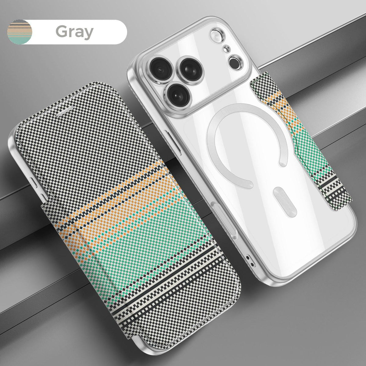 For iPhone 17 Pro Max Color-plaid Shield Magnetic RFID Vegan Leather Phone Case - Grey - EDA009873701D