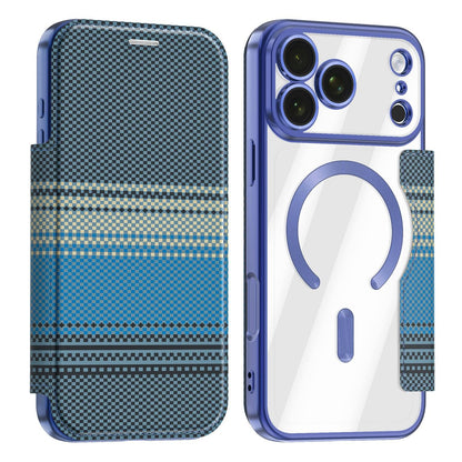 For iPhone 17 Pro Max Color-plaid Shield Magnetic RFID Vegan Leather Phone Case - Blue - EDA009873701E