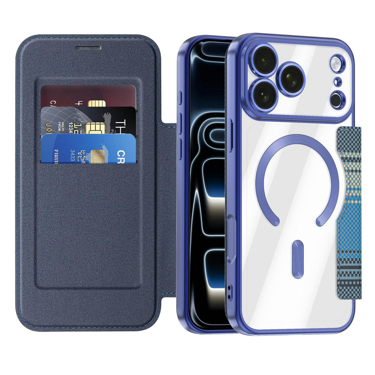 For iPhone 17 Pro Max Color-plaid Shield Magnetic RFID Vegan Leather Phone Case - Blue - EDA009873701E