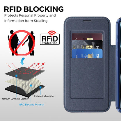 For iPhone 17 Pro Max Color-plaid Shield Magnetic RFID Vegan Leather Phone Case - Blue - EDA009873701E