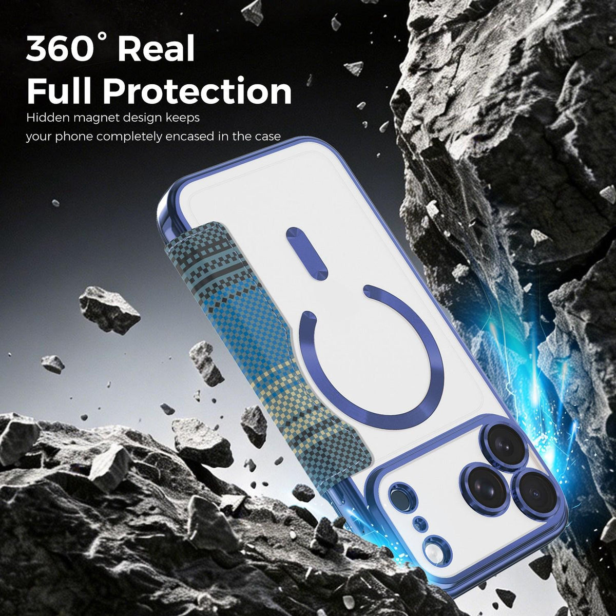 For iPhone 17 Pro Max Color-plaid Shield Magnetic RFID Vegan Leather Phone Case - Blue - EDA009873701E