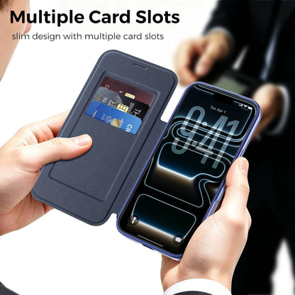 For iPhone 17 Pro Max Color-plaid Shield Magnetic RFID Vegan Leather Phone Case - Blue - EDA009873701E