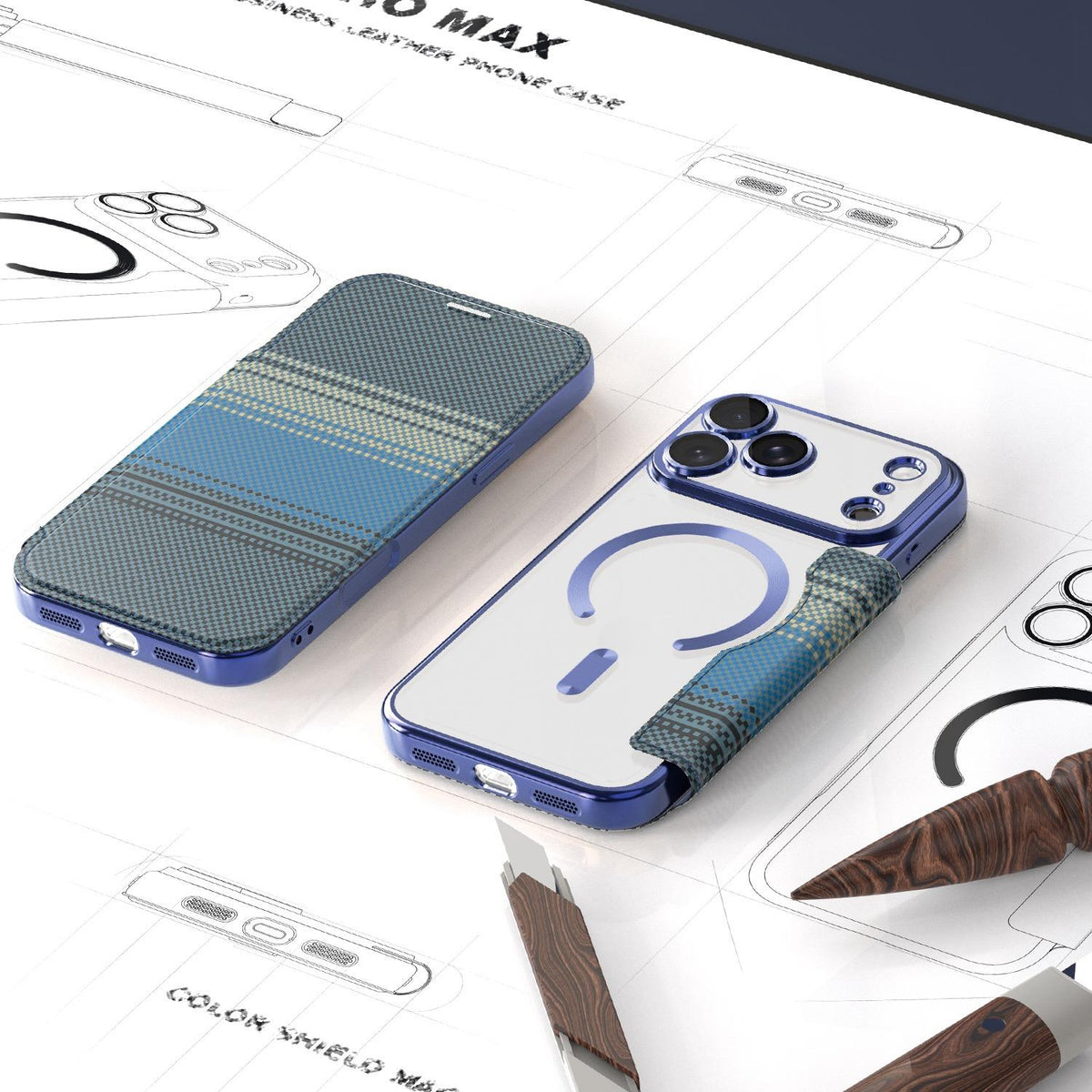 For iPhone 17 Pro Max Color-plaid Shield Magnetic RFID Vegan Leather Phone Case - Blue - EDA009873701E