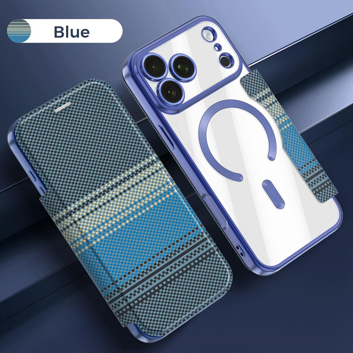 For iPhone 17 Pro Max Color-plaid Shield Magnetic RFID Vegan Leather Phone Case - Blue - EDA009873701E