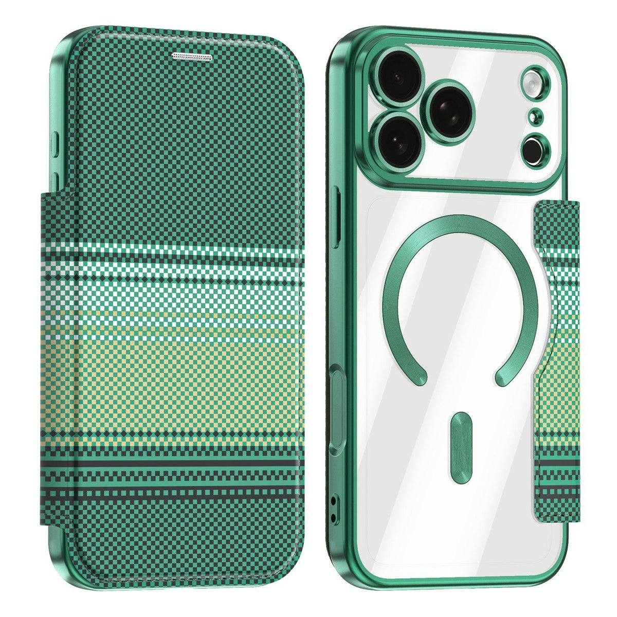 For iPhone 17 Pro Max Color-plaid Shield Magnetic RFID Vegan Leather Phone Case - Green - EDA009873701F