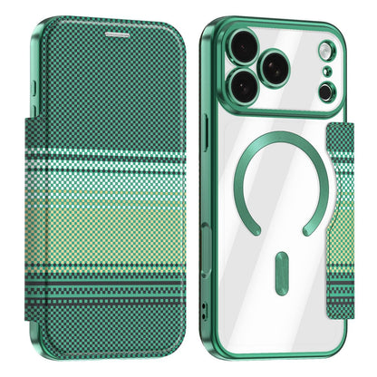 For iPhone 17 Pro Max Color-plaid Shield Magnetic RFID Vegan Leather Phone Case - Green - EDA009873701F