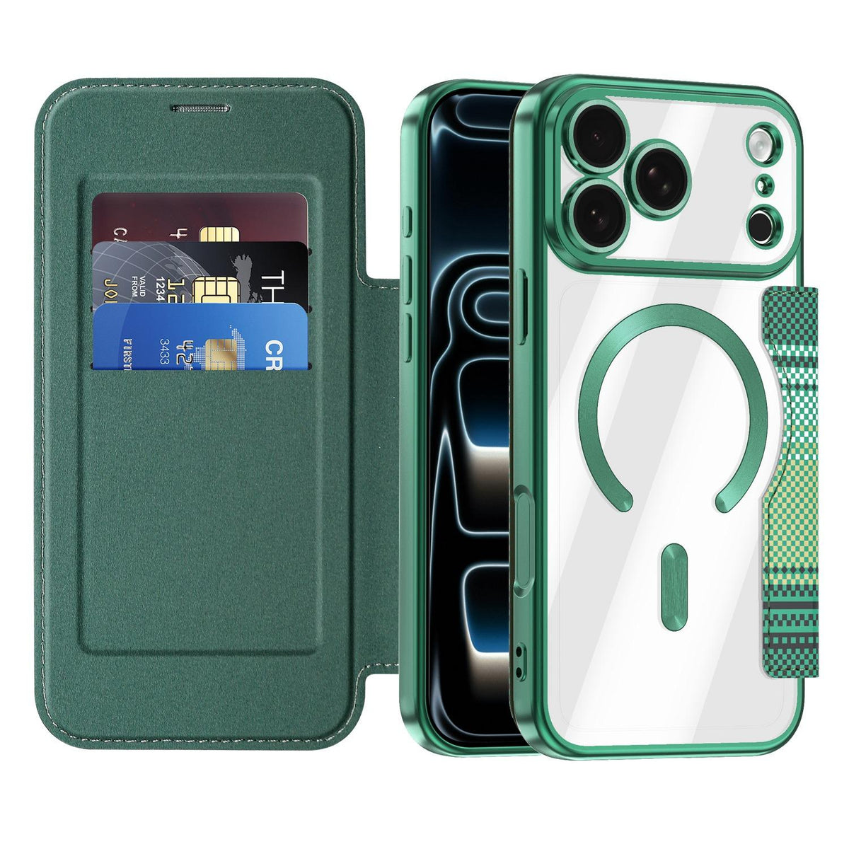 For iPhone 17 Pro Max Color-plaid Shield Magnetic RFID Vegan Leather Phone Case - Green - EDA009873701F