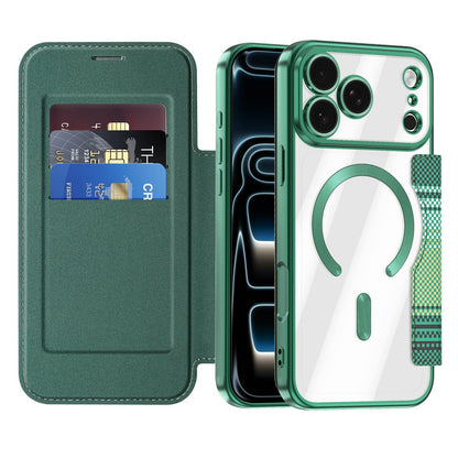 For iPhone 17 Pro Max Color-plaid Shield Magnetic RFID Vegan Leather Phone Case - Green - EDA009873701F