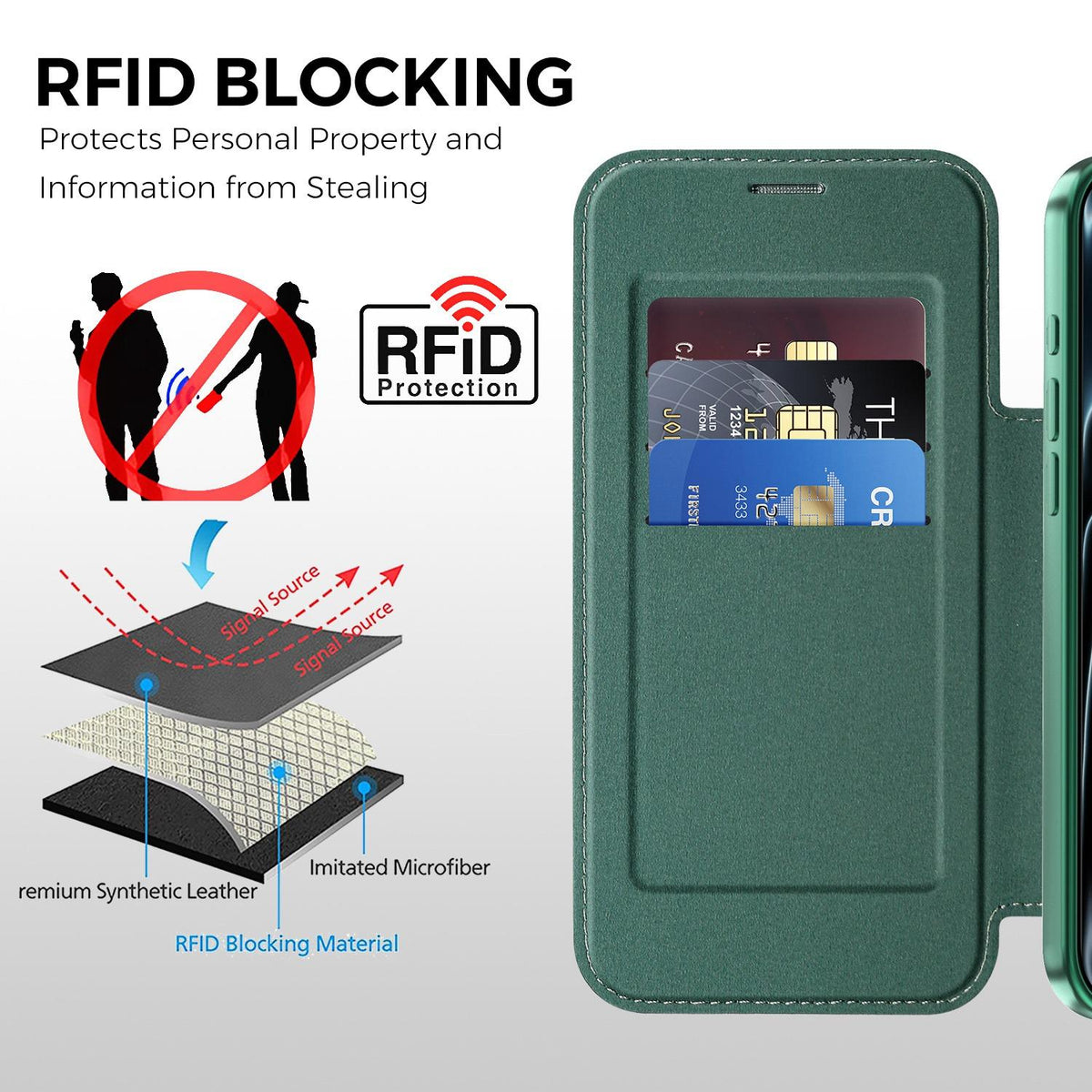 For iPhone 17 Pro Max Color-plaid Shield Magnetic RFID Vegan Leather Phone Case - Green - EDA009873701F