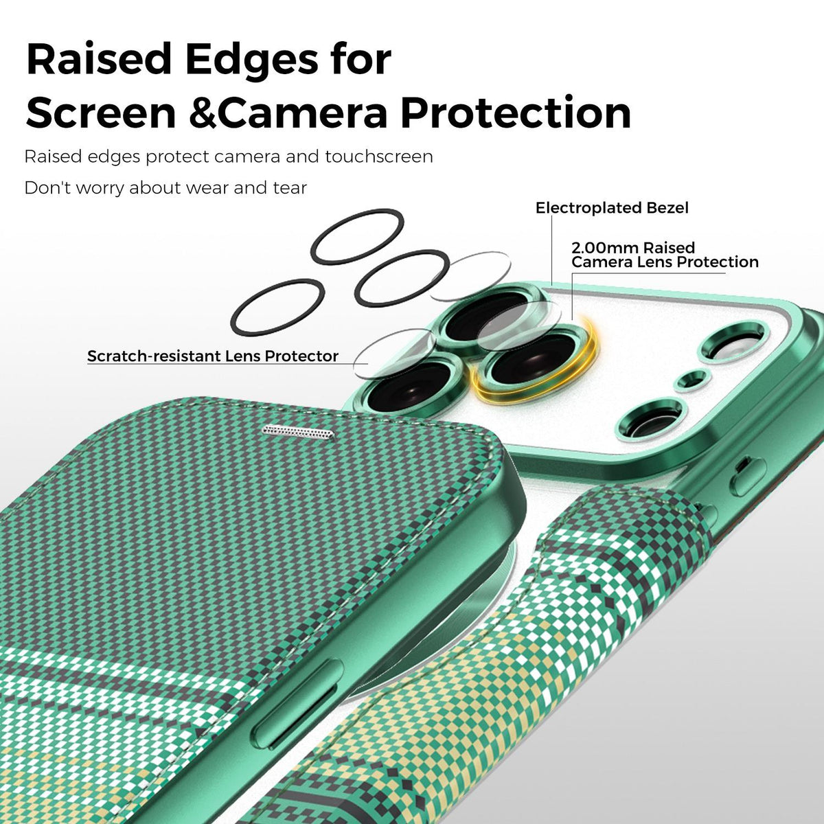 For iPhone 17 Pro Max Color-plaid Shield Magnetic RFID Vegan Leather Phone Case - Green - EDA009873701F