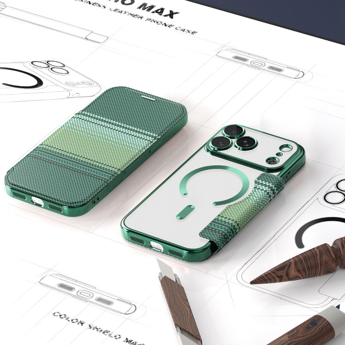 For iPhone 17 Pro Max Color-plaid Shield Magnetic RFID Vegan Leather Phone Case - Green - EDA009873701F