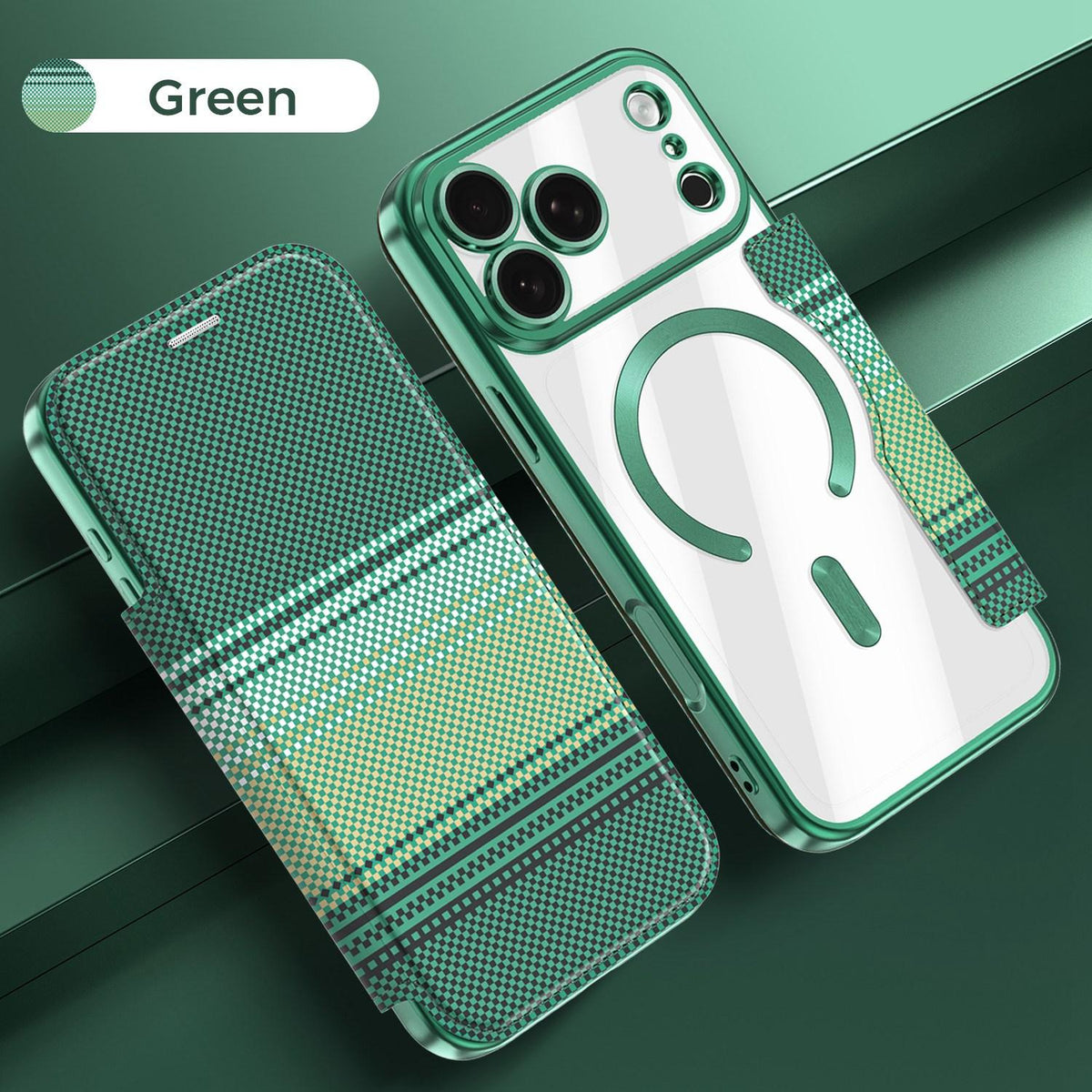 For iPhone 17 Pro Max Color-plaid Shield Magnetic RFID Vegan Leather Phone Case - Green - EDA009873701F