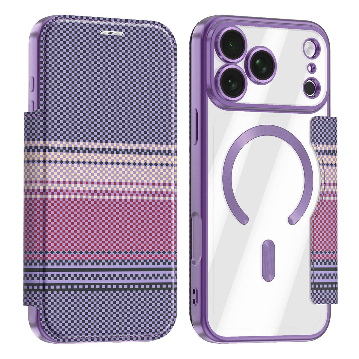 For iPhone 17 Pro Max Color-plaid Shield Magnetic RFID Vegan Leather Phone Case - Purple - EDA009873701G