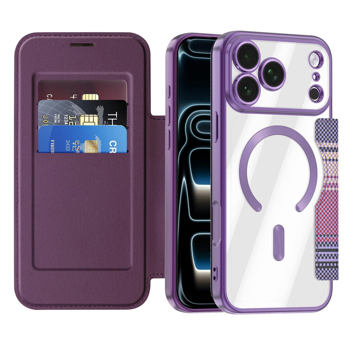 For iPhone 17 Pro Max Color-plaid Shield Magnetic RFID Vegan Leather Phone Case - Purple - EDA009873701G