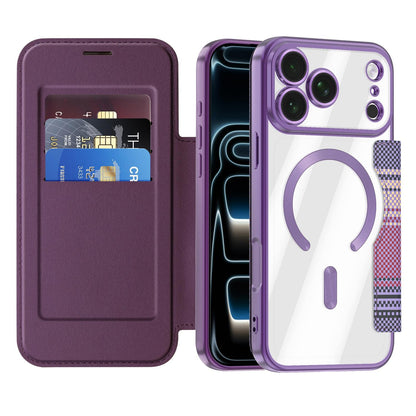 For iPhone 17 Pro Max Color-plaid Shield Magnetic RFID Vegan Leather Phone Case - Purple - EDA009873701G
