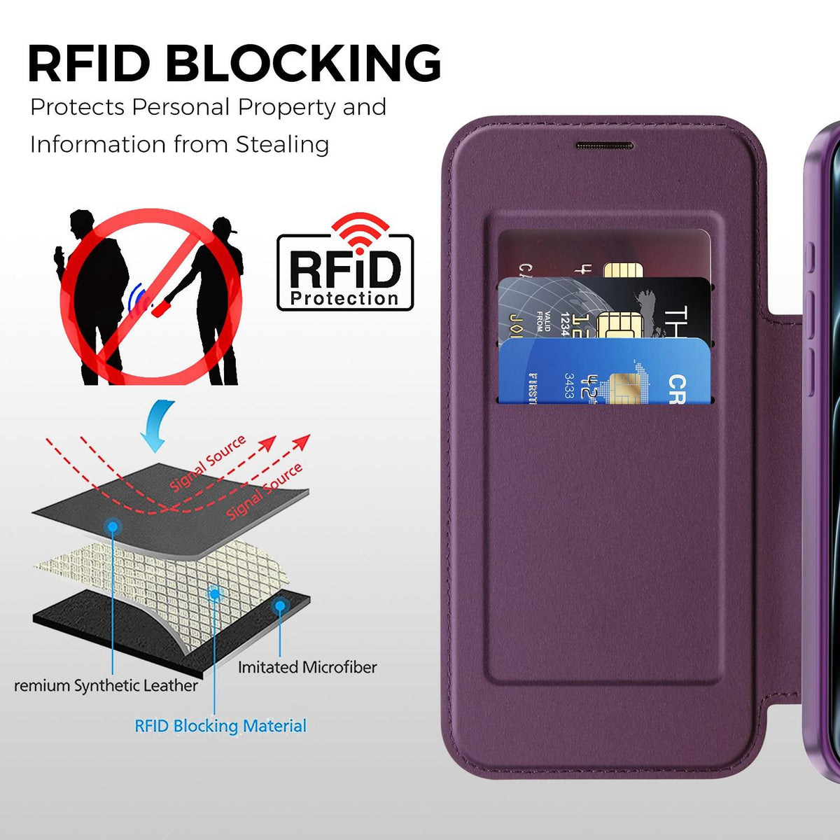 For iPhone 17 Pro Max Color-plaid Shield Magnetic RFID Vegan Leather Phone Case - Purple - EDA009873701G