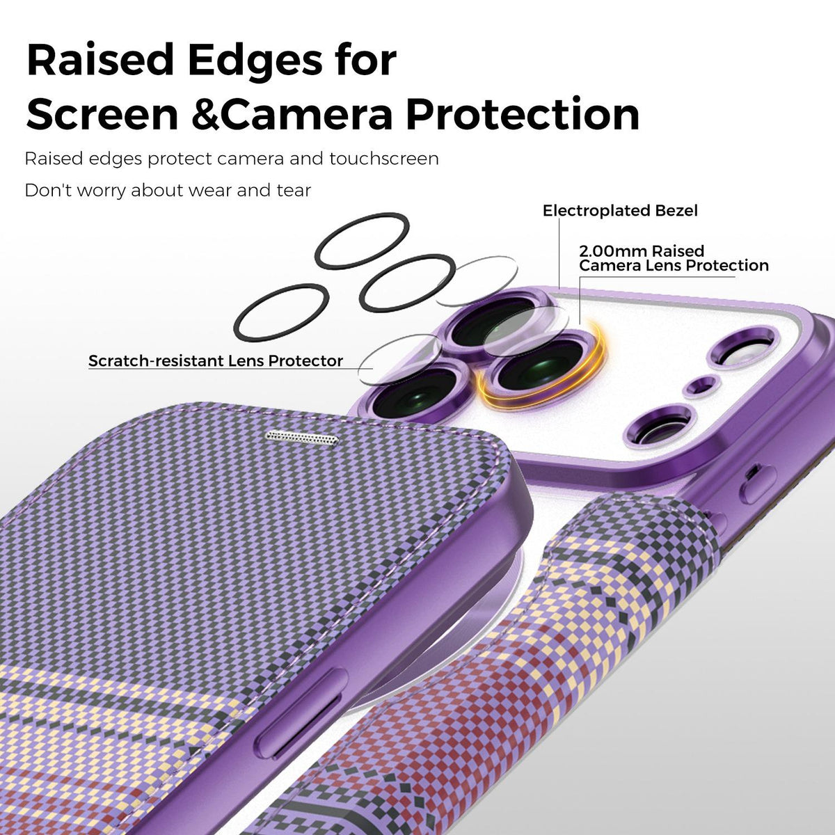 For iPhone 17 Pro Max Color-plaid Shield Magnetic RFID Vegan Leather Phone Case - Purple - EDA009873701G