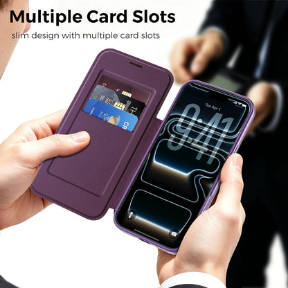 For iPhone 17 Pro Max Color-plaid Shield Magnetic RFID Vegan Leather Phone Case - Purple - EDA009873701G