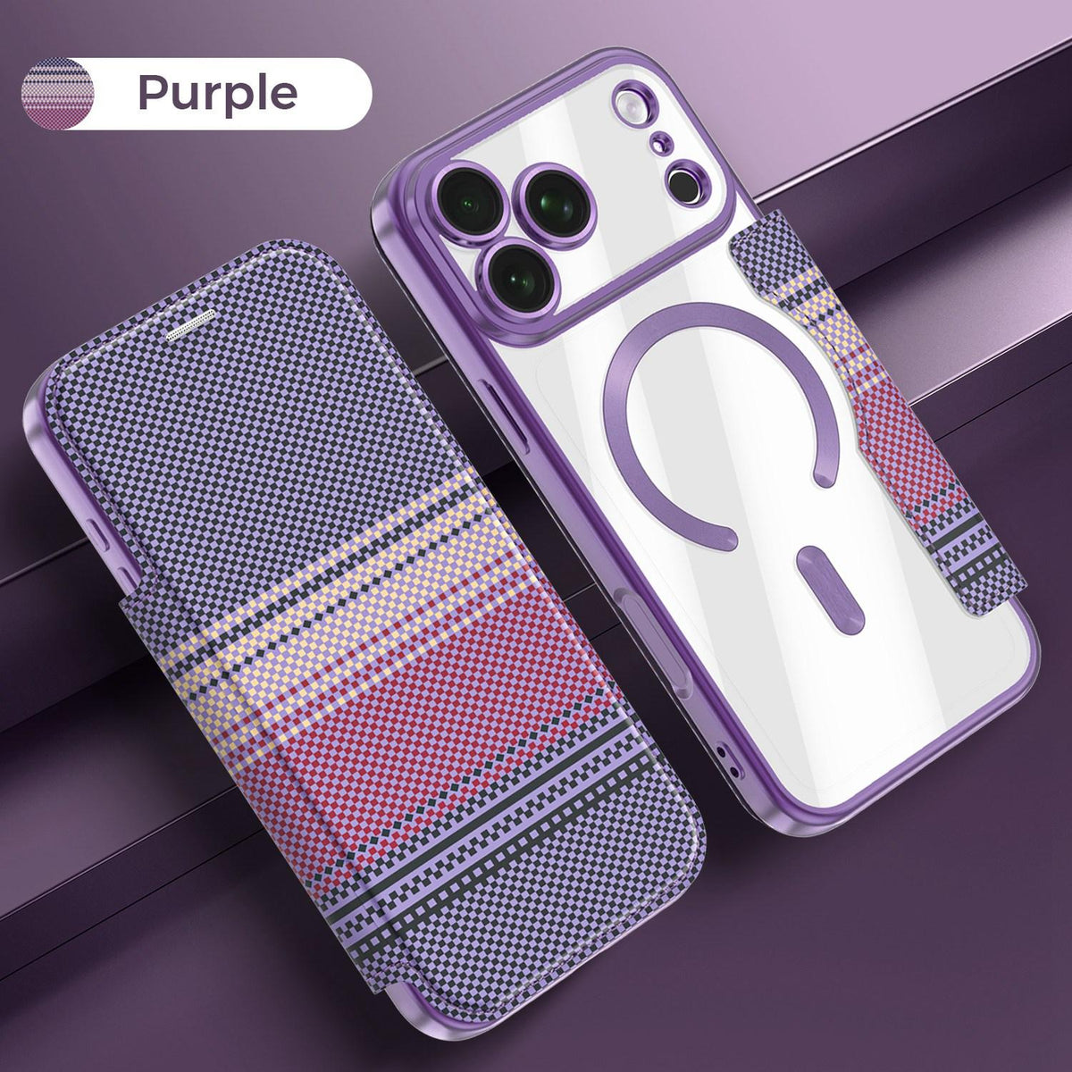 For iPhone 17 Pro Max Color-plaid Shield Magnetic RFID Vegan Leather Phone Case - Purple - EDA009873701G